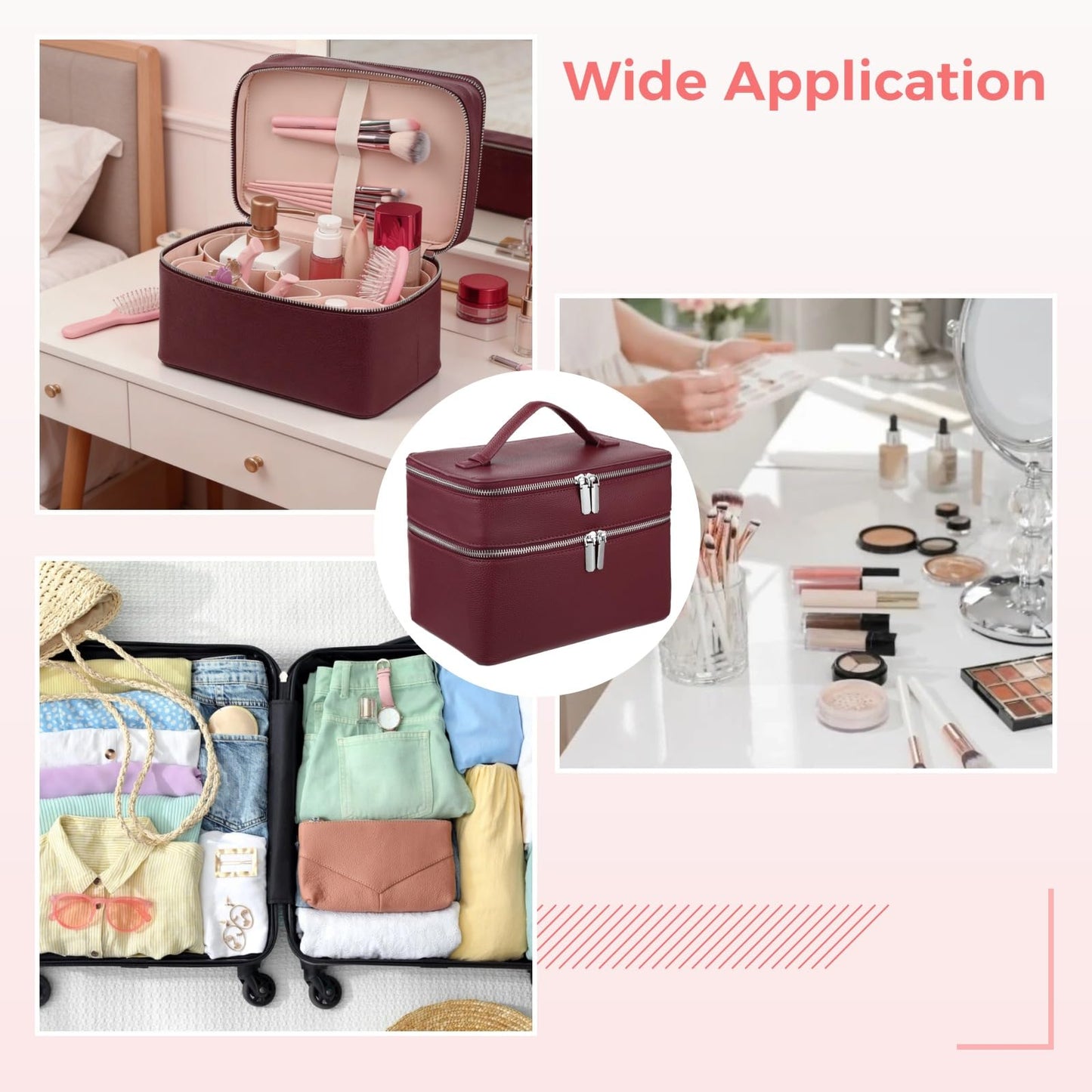 Makeup Vanity Bag for Women - Large Capacity Cosmetic Organizer with Removable Liner, Waterproof PU Leather Skincare Bag, Portable Chic Cosmetic Make Up Case for Skincare, Accessories,StyleC, Burgundy