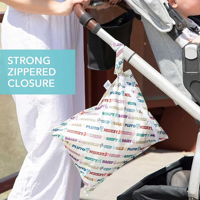 Bumkins - Waterproof Wet Bag & Wet/Dry Clutch Bags - For Beach, Baby, Travel, Swim Suit, Cloth Diapers, Pump Parts, Pool, Gym, Toiletries - Reusable & Easy to Clean - Mickey and Friends White - 2 Pack
