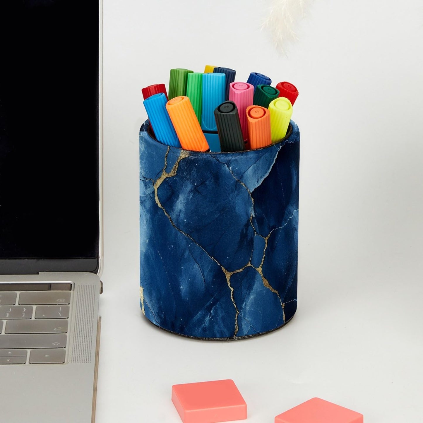 DragonBtu Faux Leather Pen Holder for Desk, Pencil Organizer Blue Gold Marble Texture Pen Cup Desk Decor Makeup Brush Holder Storage for Office Home