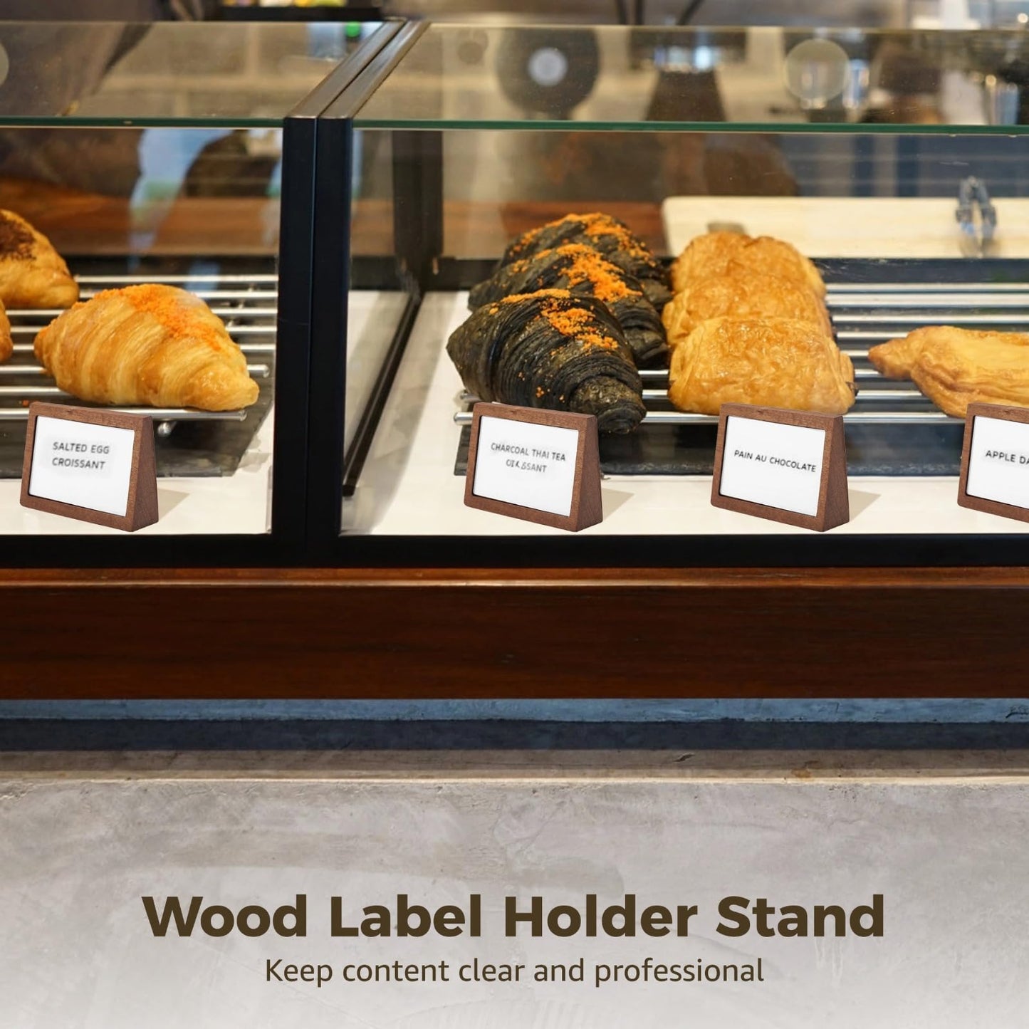 NIMBLOOM 6 Pcs Wood Label Holder Stand, 4.1 x 2.8 x 0.9 in Slanted Place Card Stands with Clear Acrylic Display, Versatile Desktop Sign Holder Stands for Retail Store, Cafe, Tea Shop, Bakery