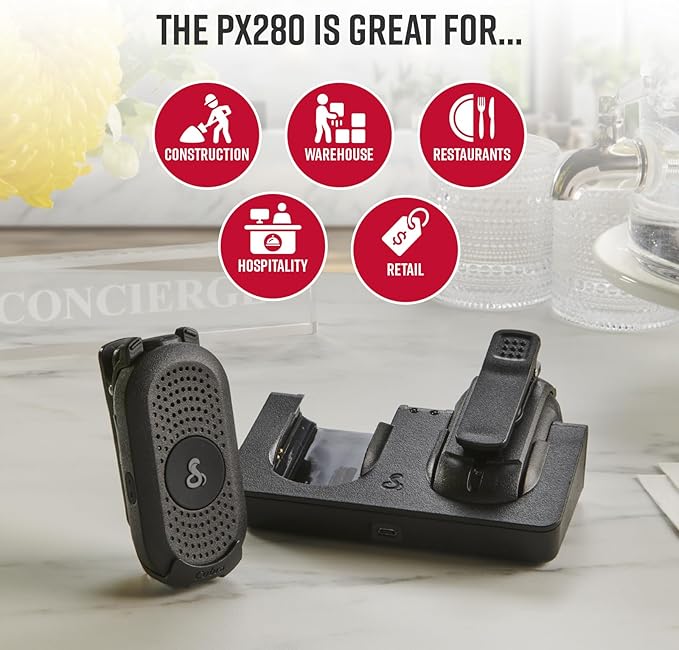 Cobra PX280 Compact Portable FRS Two-Way Radios - IP54 Certified Durability, Dock Charging, 12-Hour Battery Life, Compact Wearable Form Factor Professional Walkie Talkies for Business (6-Pack)