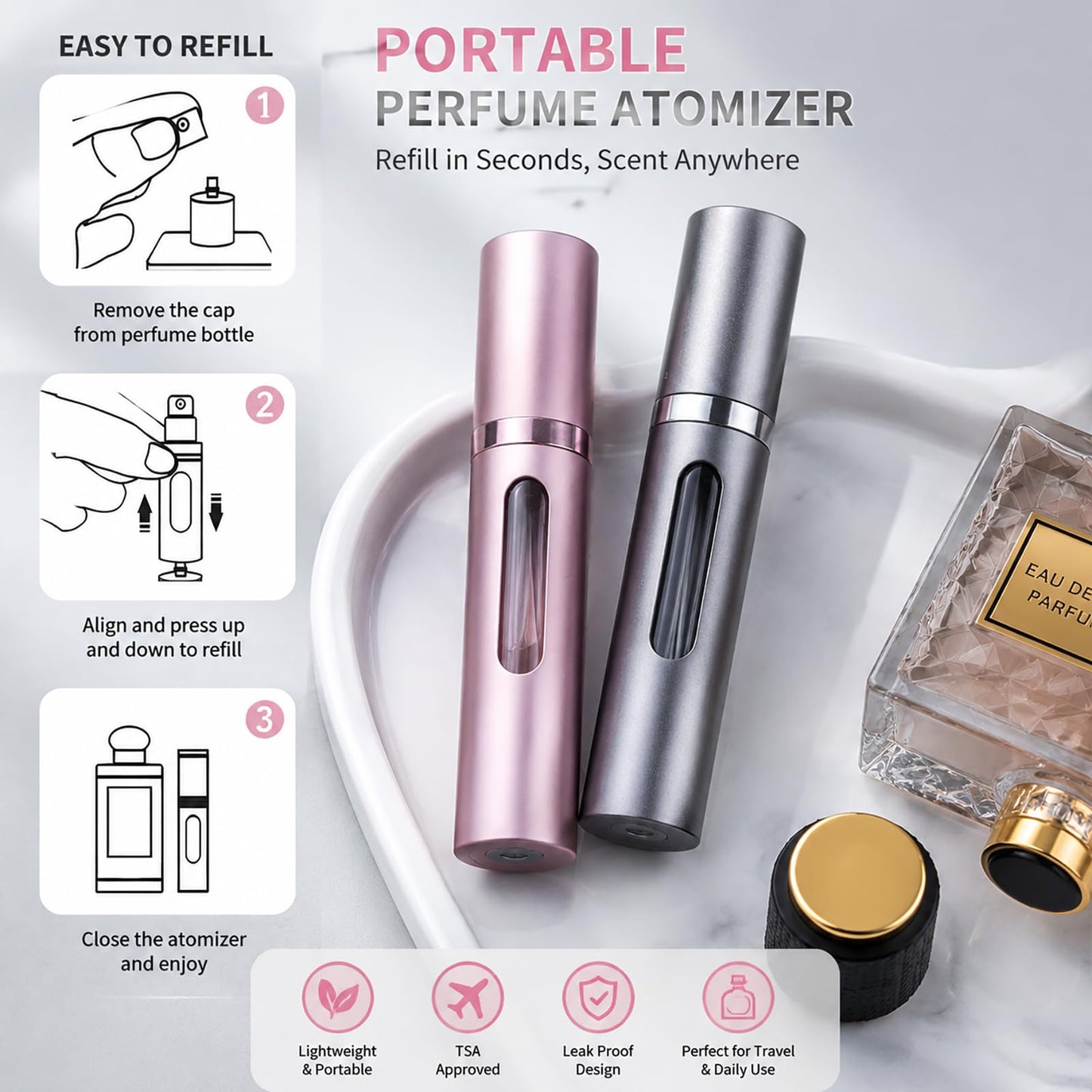 Topblux 3-Pack 10ml Refillable Travel Perfume Atomizer, Leakproof Bottom-Fill Spray Bottle, Compact Reusable Fragrance Dispenser for Women Men Gift (Black+Blue+Pink)