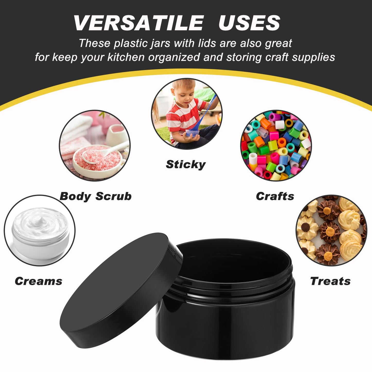 Dandat 24 Pcs 8 oz Plastic Jar Container with Lid and Label Refillable Empty Round Black PET Cosmetic Sample Slime Containers for Lotion, Cream, Ointments, Body Butter, Makeup, Travel Storage