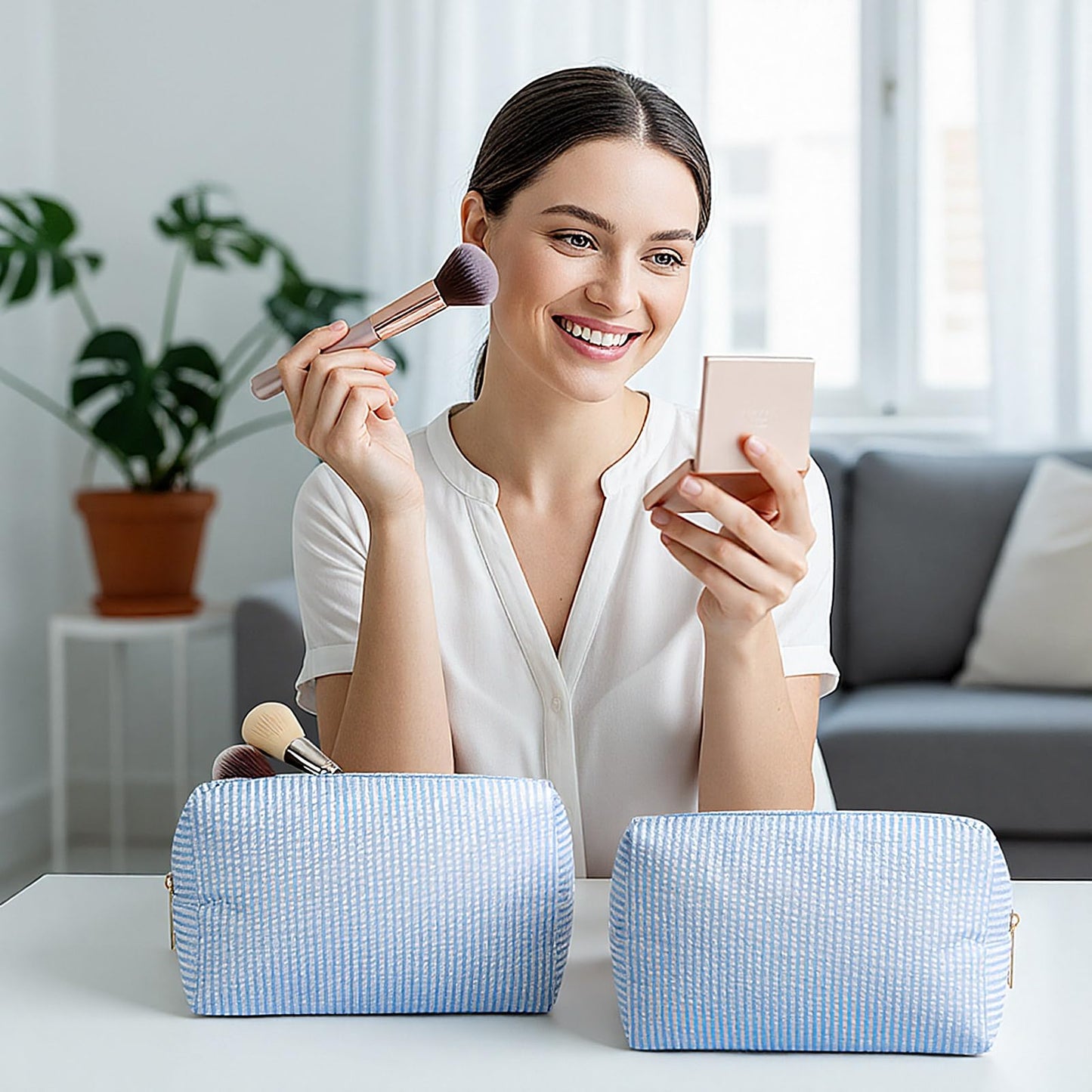 Sanwuta 6 Pcs Seersucker Cosmetic Bags Bulk Seersucker Makeup Bags Stripe Women Pouch Large Preppy Storage Pouch Toiletry Travel Organizer for Wedding Bridesmaid Bride Favor Mom Gift (Light Blue)