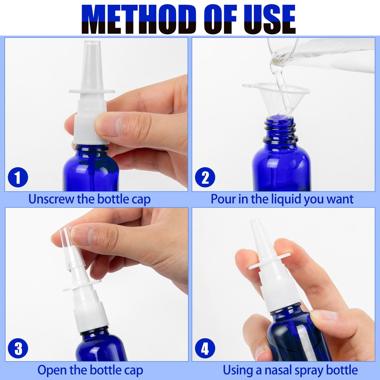 ZHWKMYP 40 Pcs Nasal Spray Bottles, 30ML/1oz Blue Glass Refillable Fine Mist Empty Nasal Spray Bottle with 8 Funnels and 8 Labels