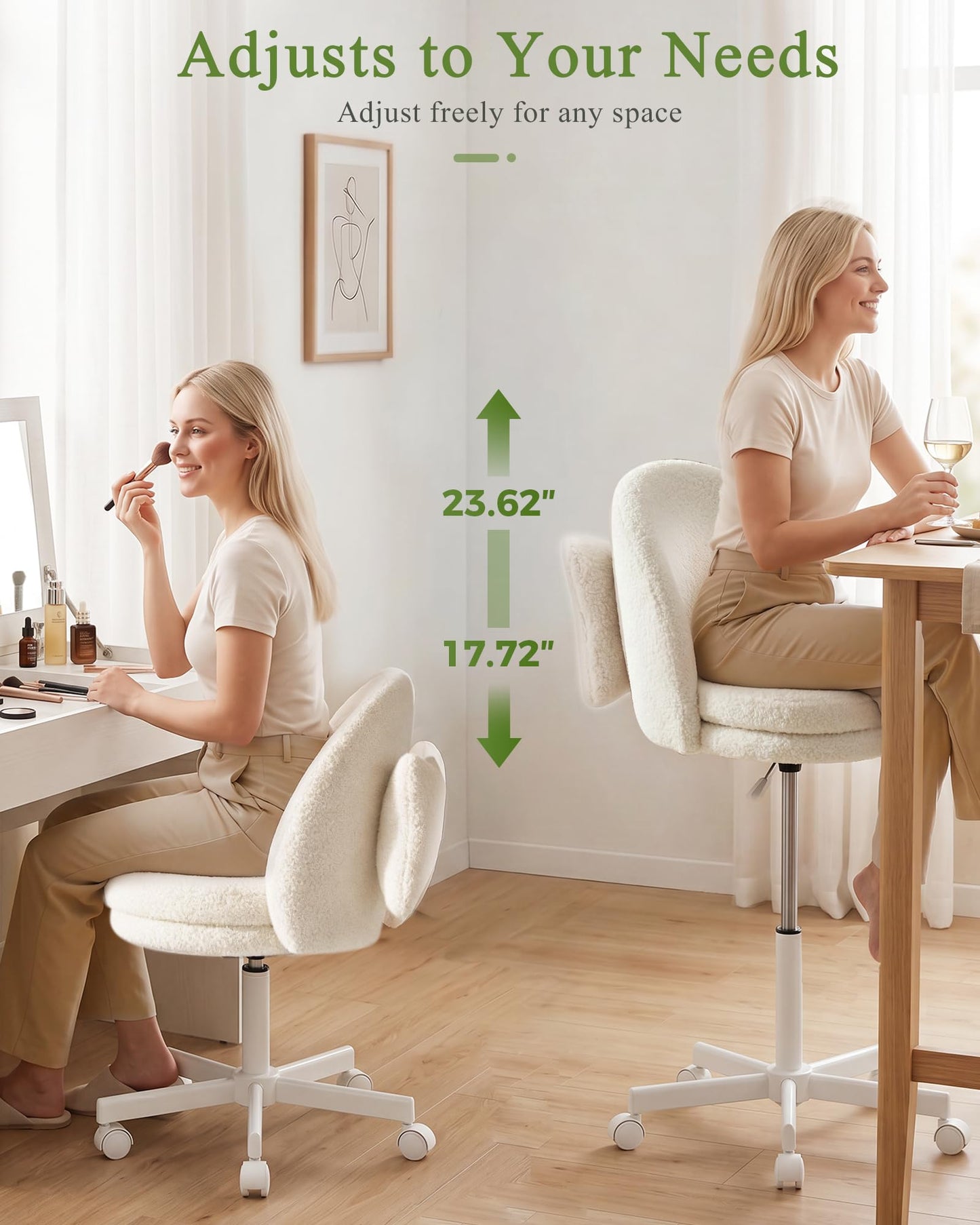 GTPOFFICE Vanity Chair with Back, Adjustable Tall Office Chair High Swivel Bar Stools Fluffy Cute Desk Chair Comfy with Wheels Bow Pillow Armlees for Adults Standing Desk Bar, Teddy Velvet, White