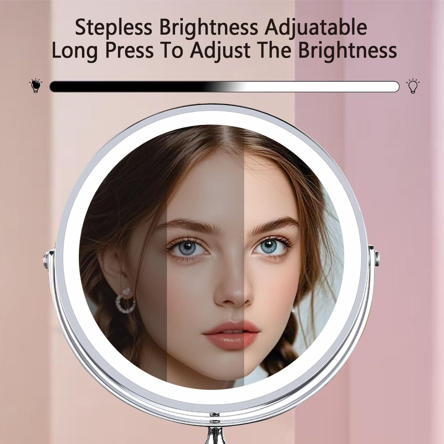 Makeup Mirror with Lights ，8 Inch 1X/10X Rechargeable Double Sided Magnifying, 360° Rotation LED HD Mirror with 3 Colors，Brightness Adjustable, Ideal for Daily Skincare and Professional Makeup