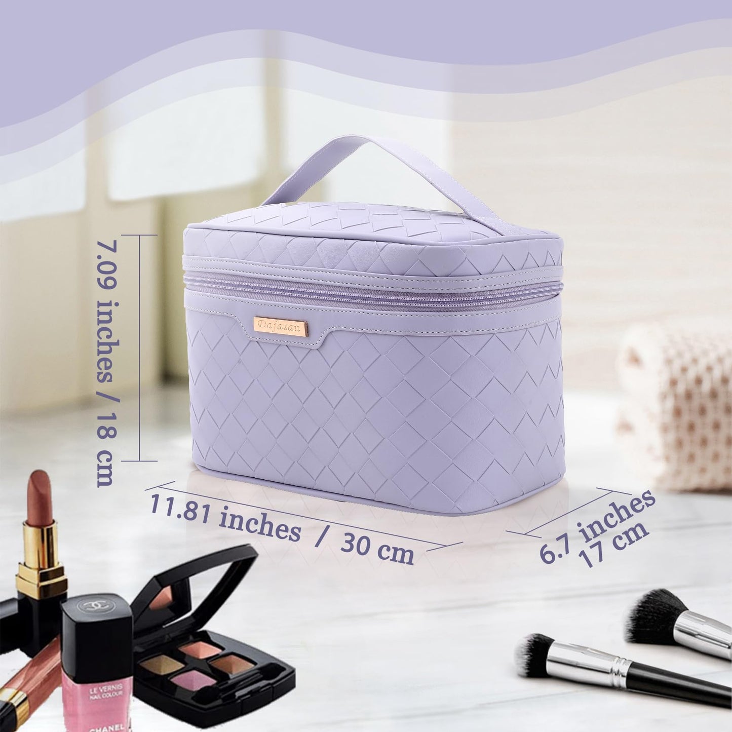 Dajasan Makeup Bag, Travel Cosmetic Bag for Girls Women, Large Capacity Makeup Organizer Case, Travel Toiletry Bag, PU Leather Waterproof 11.81 x 6.7 x 7.09 Inch (Purple)