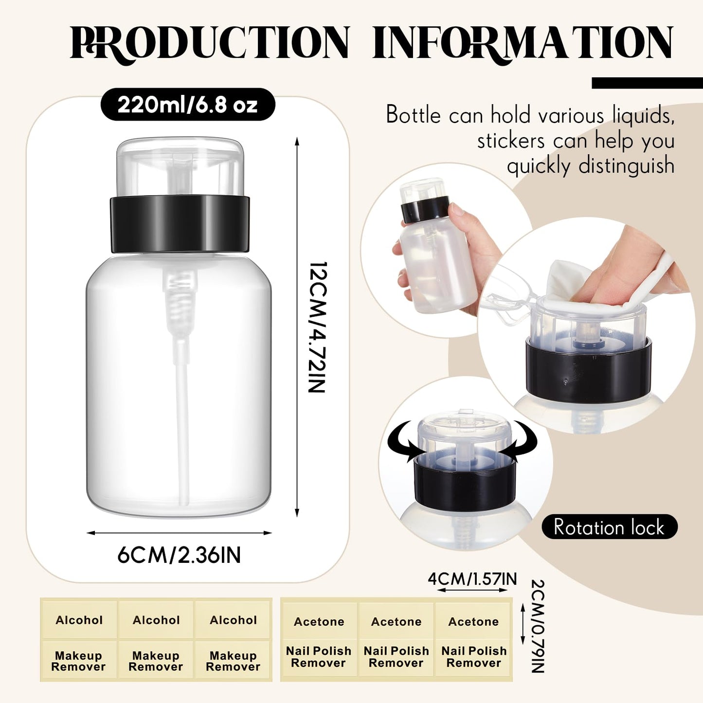 Layhit 6 Pack 6.8 oz (200ml) Push Down Lockable Pump Dispenser Bottle with Stickers, Alcohol Push Down Empty Refillable Container for Nail Polish Remover, Alcohol & Makeup Remover (Black Top Cap)