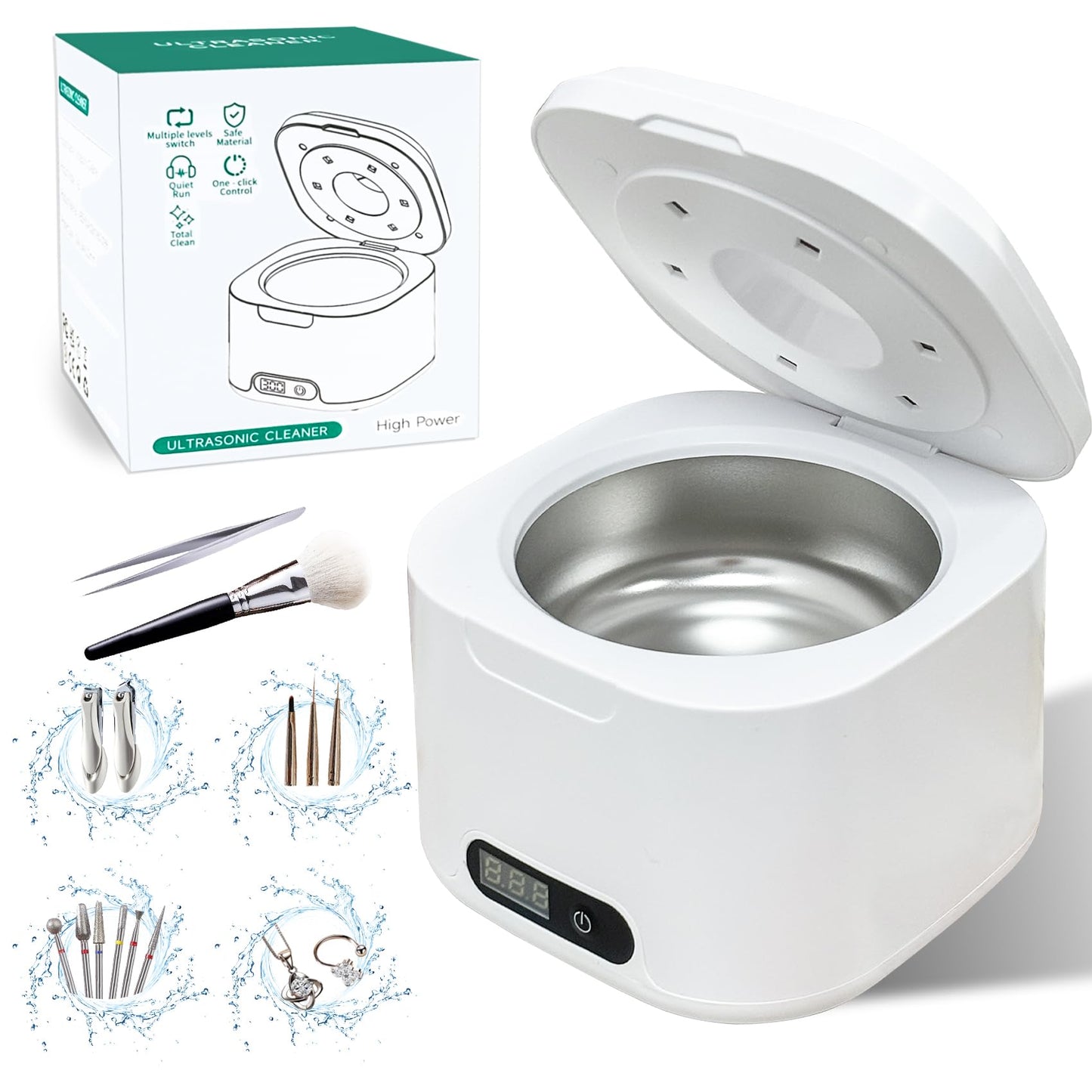 2-in-1 Nail Tools Cleaner Machine with 4 Timers Mode, 49kHz High-Frequency Vibration Ultrasonic, for Nail Drill Bits/Brushes/Nail Clippers/Jewelry, etc. Professional Salon & Home Kit, 5 Years Warranty
