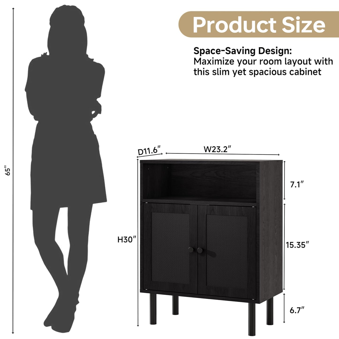 DongRong Rattan Storage Cabinet, Boho Accent Cabinet with Double Doors, Small Freestanding Sideboard for Hallway, Laundry Room,Kitchen, Dining Room, Entryway (Black)