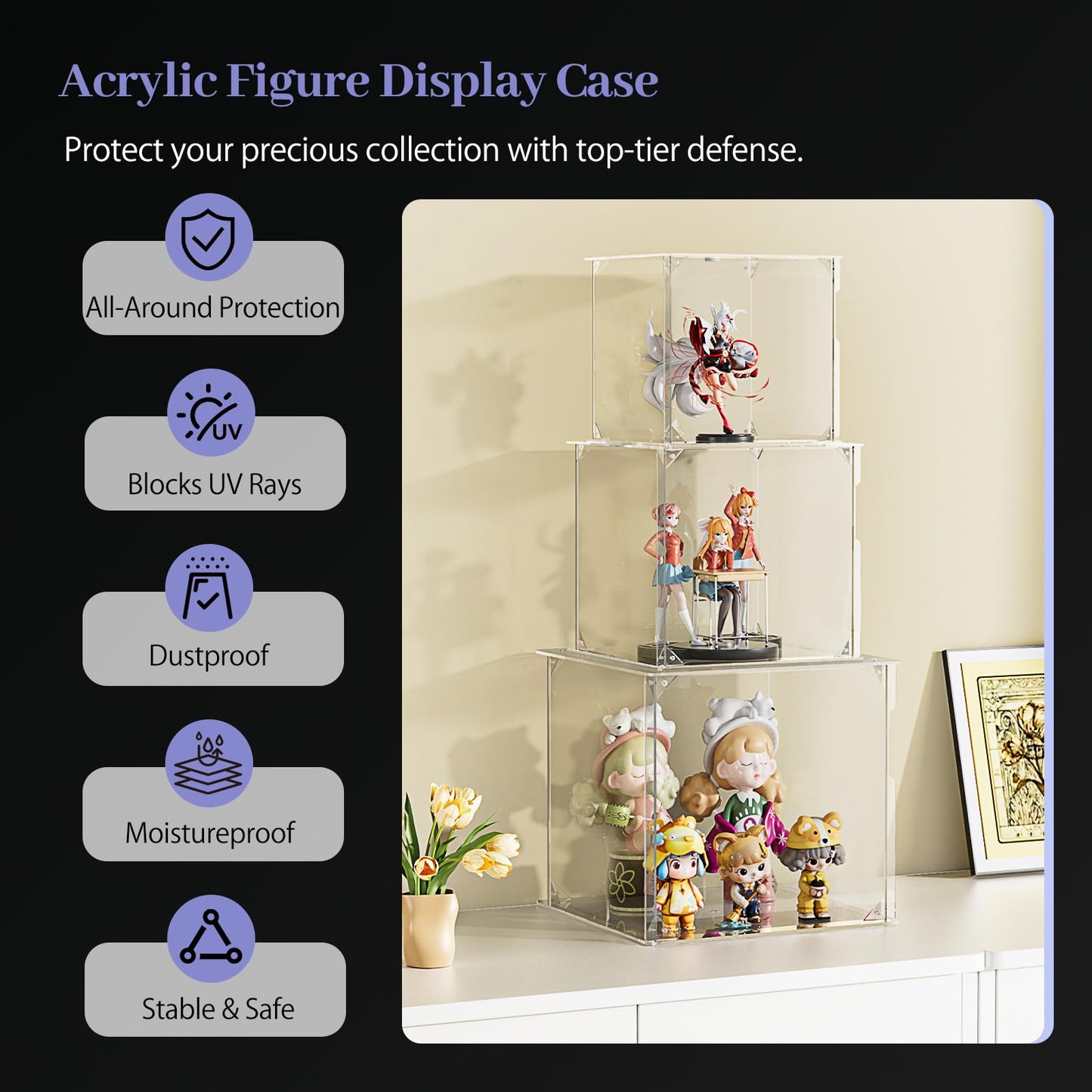 Clear Acrylic Display Case for Figures, 3 Tier Stackable Storage Bins with Magnetic Door,Acrylic Boxes for Display, Clear Storage Box for Collectibles Cosmetic Perfume Organizer，Home Or Office