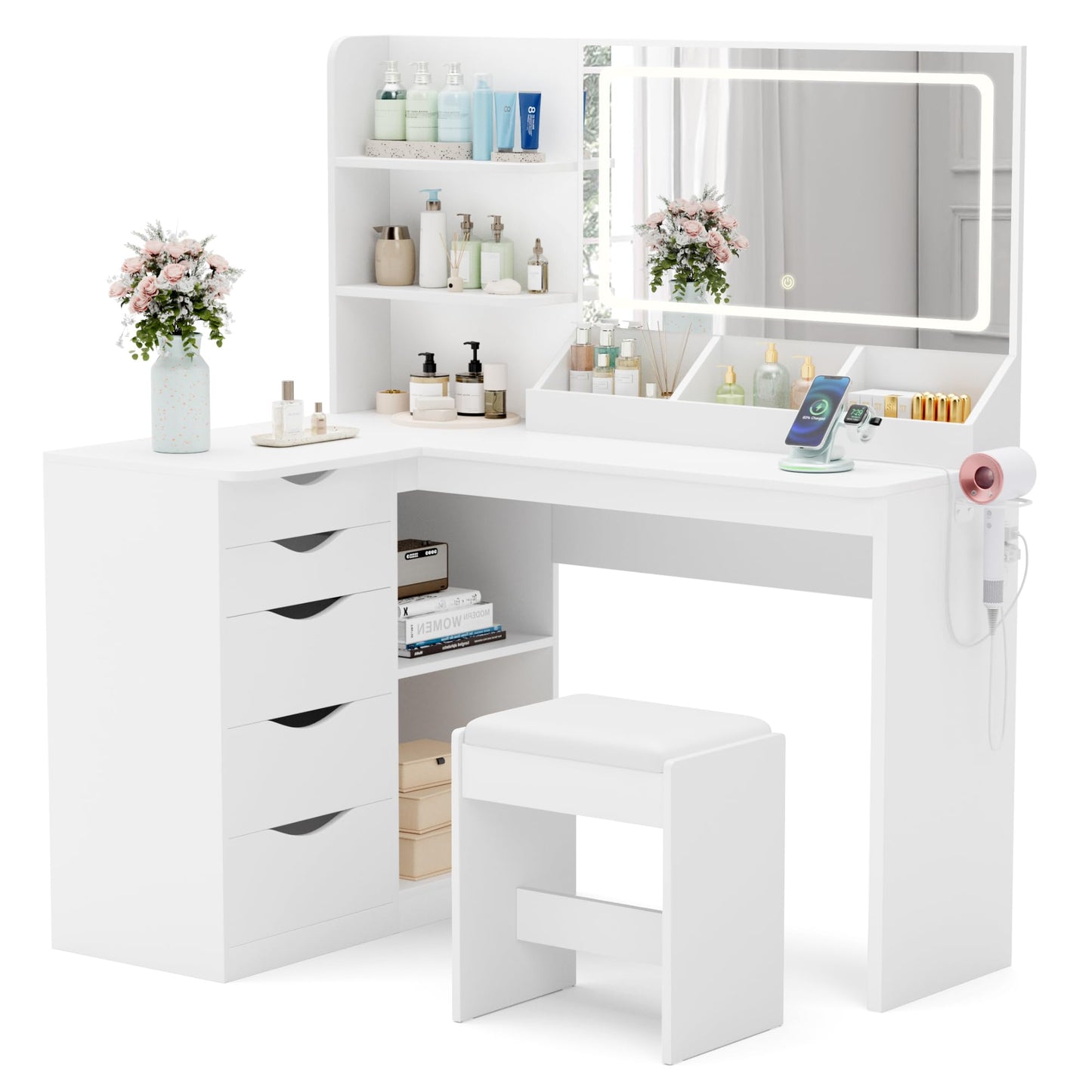 YESHOMY Vanity Desk with Lights and Mirror, L Shaped Makeup Table, with Hairdryer Holder and Fast Charging, Adjustable 3 Lighting Modes, 5 Drawers and Adjustabled Open Storage Shelves, White