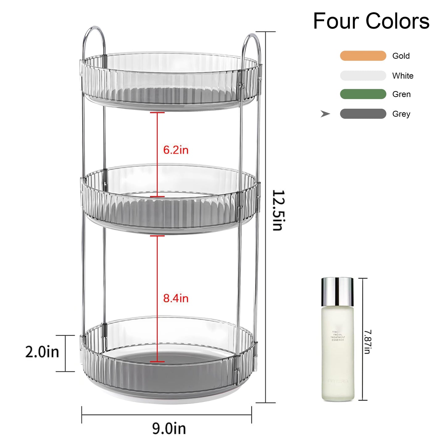 YCIA&DONE 360 Rotating Makeup Organizer and Storage for Vanity Countertop 3 Tiers, High Capacity Cosmetic Skincare Perfume Organizers for Dresser Bathroom Lazy Susan (Smoky Gray)