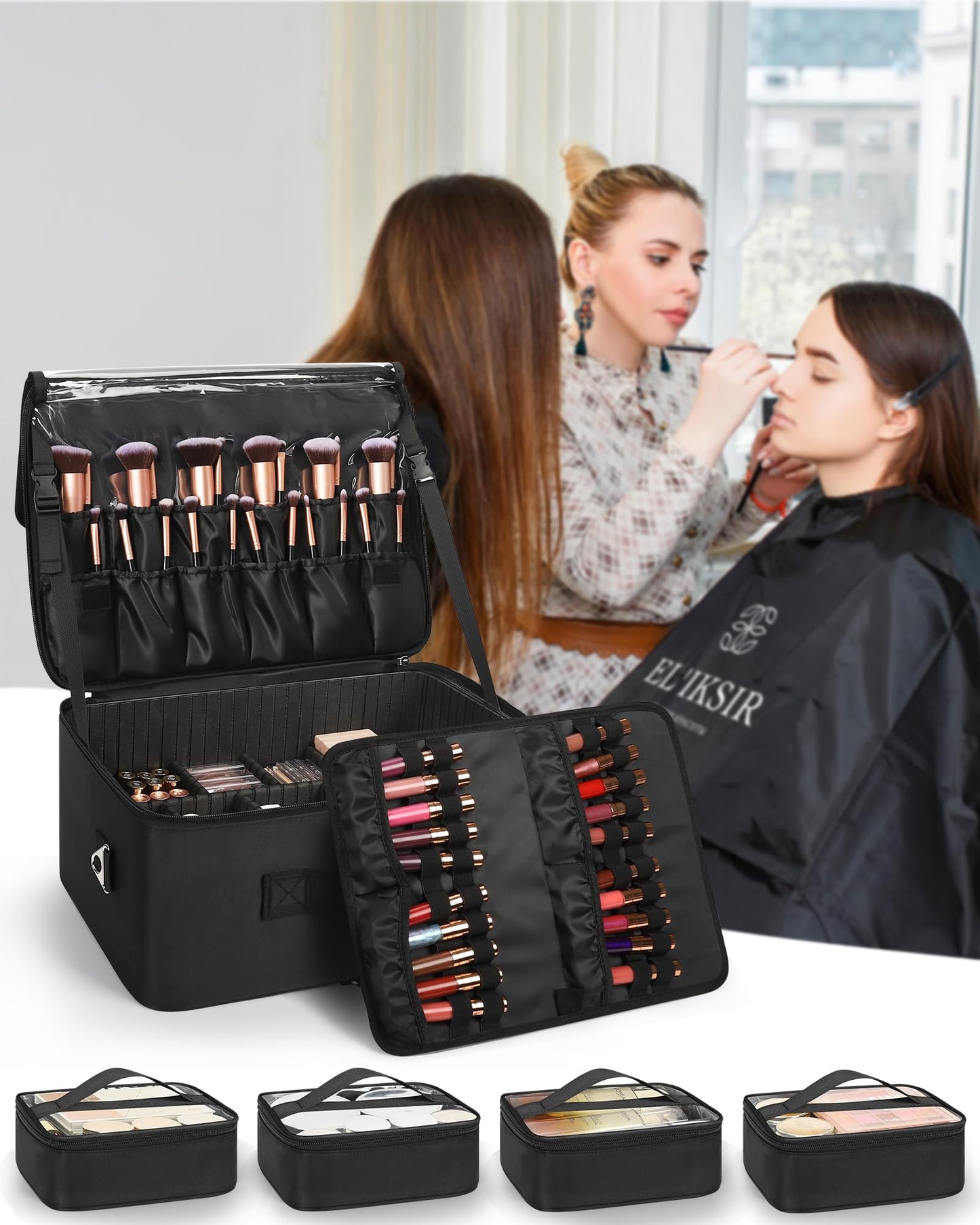 Relavel Extra Large Cosmetic Case, Travel Makeup Bag with 4 Clear Pouches & Lipstick Plate, Portable Cosmetic Case Storage Organizer Box for Makeup Artists with Shoulder Strap & Adjustable Dividers