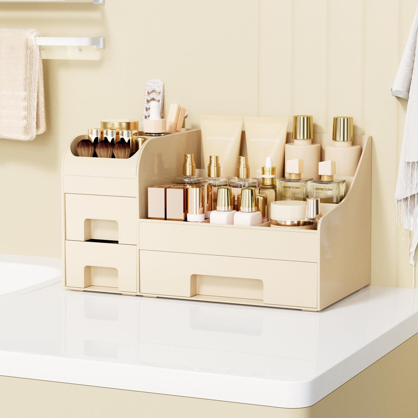 Mriluvy Makeup Organizer with Drawers,Large Cosmetic Storage Box,Countertop Skincare Organizer,ABS Makeup Brush Holder for Bathroom,Desk,Dresser,Multifunctional Beauty Display Case,Cream