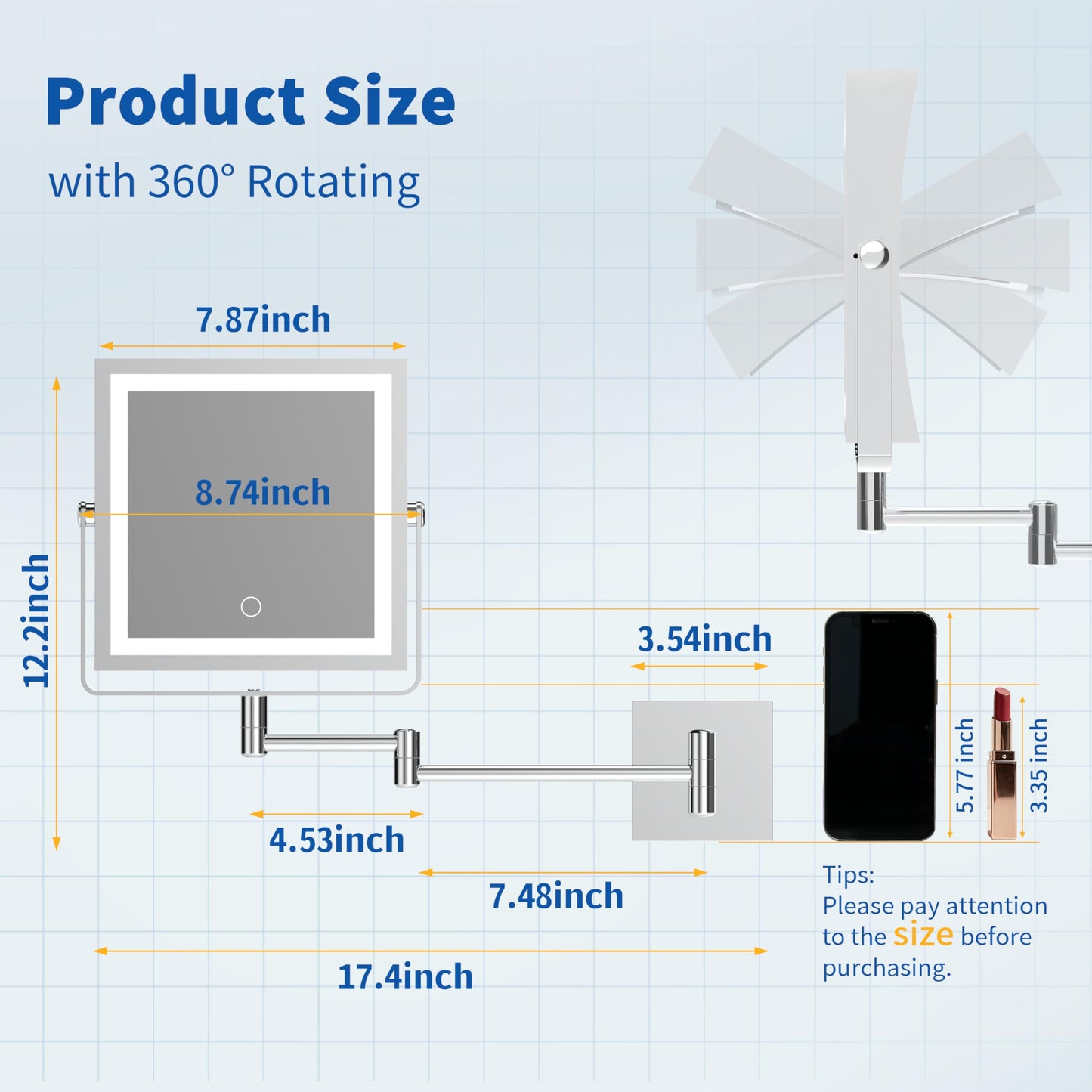 Ruacq Rechargeable Wall Mounted Makeup Mirror with Lights, Double Sided 1X/10X Magnifying Vanity Mirror with 3 Color Lighting, Touch Screen Dimmable, 360° Rotation Extension Foldable Arm(Chrome)