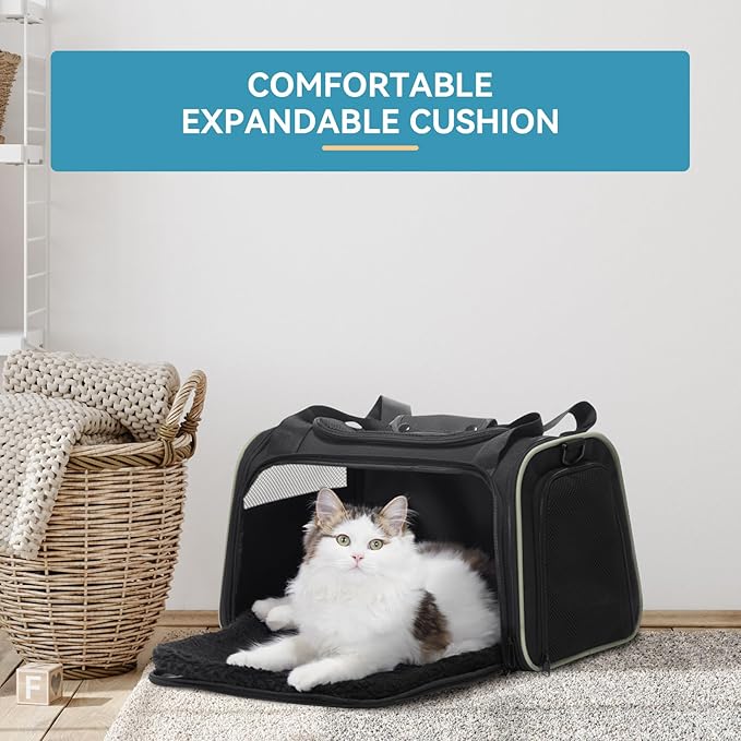 PETSFIT Pet Carrier Airline Approved with Extendable Mat, Dog Carriers for Small Dogs, TSA Approved Pet Carrier, Puppy Carrier for Small and Medium Cats Under 12 Lbs, Black