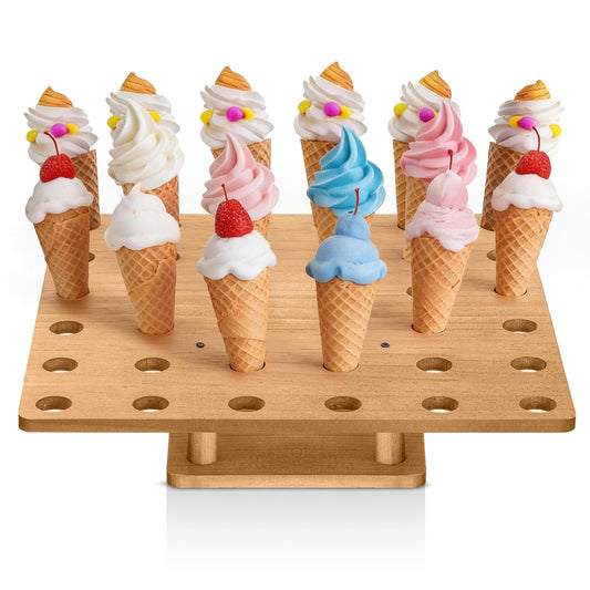 FoldTier 1 Pcs 36 Holes Ice Cream Cone Holder Stand 13" Wooden Charcuterie Cones Sushi Hand Roll Display Stand for Buffet, Food Trucks, Catered Events or Party Supply(Square)
