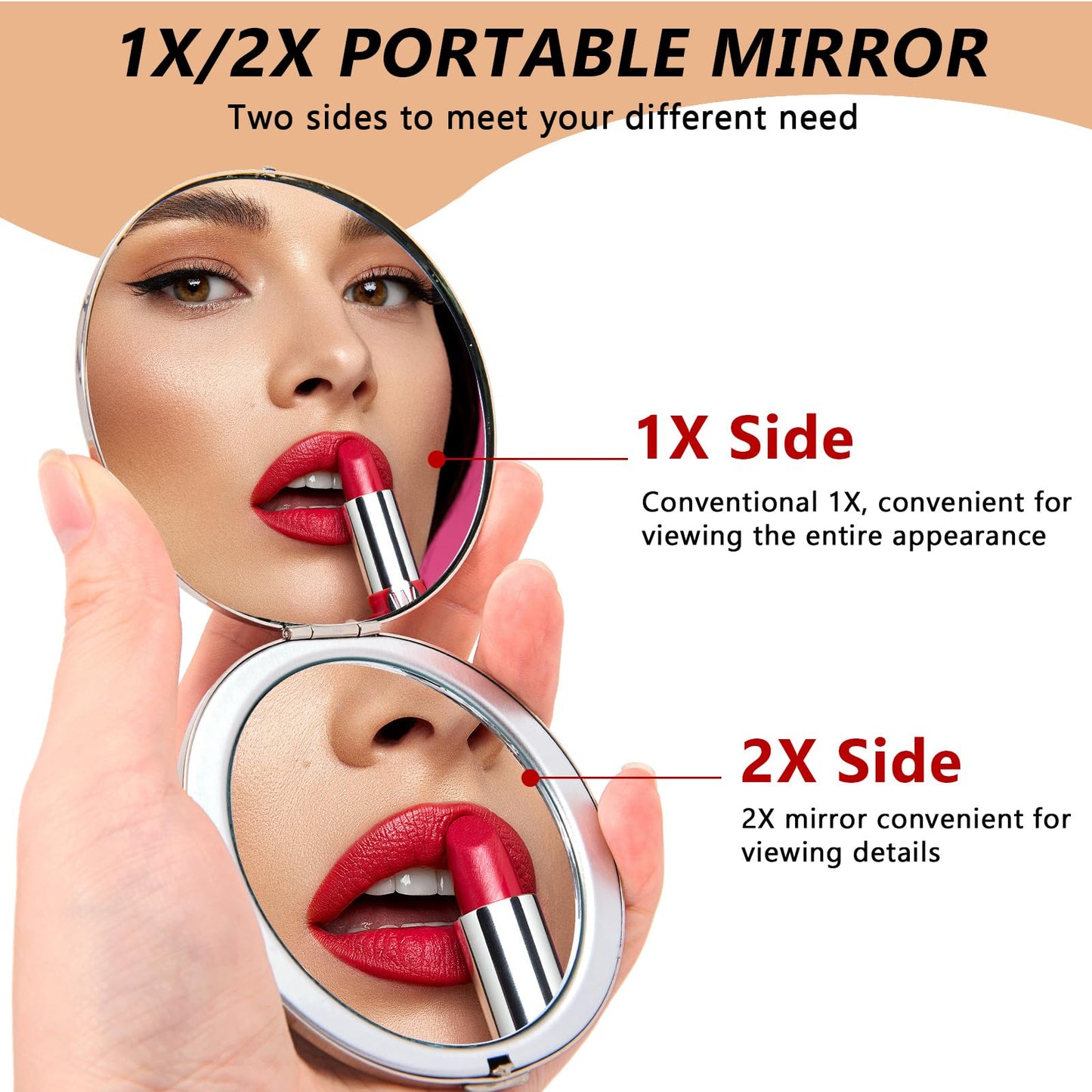 EYIWEITING Oval Mini Portable Metal Folding Mirror, Beautiful and Elegant, Sturdy and Durable, 1X/2X Magnifier. (Oval Pattern Silver)