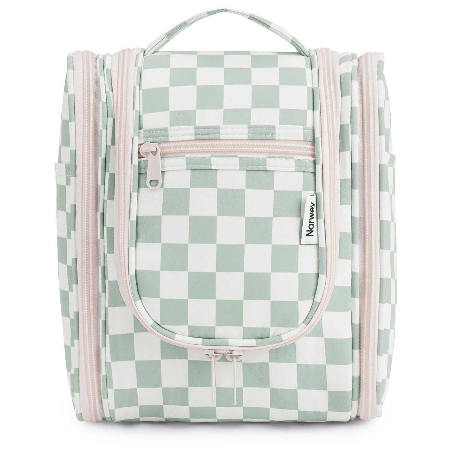 Narwey Hanging Travel Toiletry Bag for Women, Travel Bag for Toiletries, Checkered Makeup Bag Organizer, Cosmetic Make Up Bags for Travel Size Essentials, Skincare, Brushes (Mint Green Checkerboard)