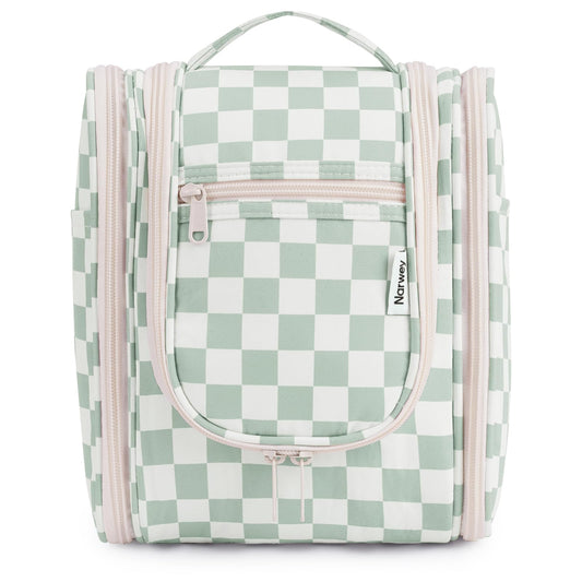 Narwey Hanging Travel Toiletry Bag for Women, Travel Bag for Toiletries, Checkered Makeup Bag Organizer, Cosmetic Make Up Bags for Travel Size Essentials, Skincare, Brushes (Mint Green Checkerboard)