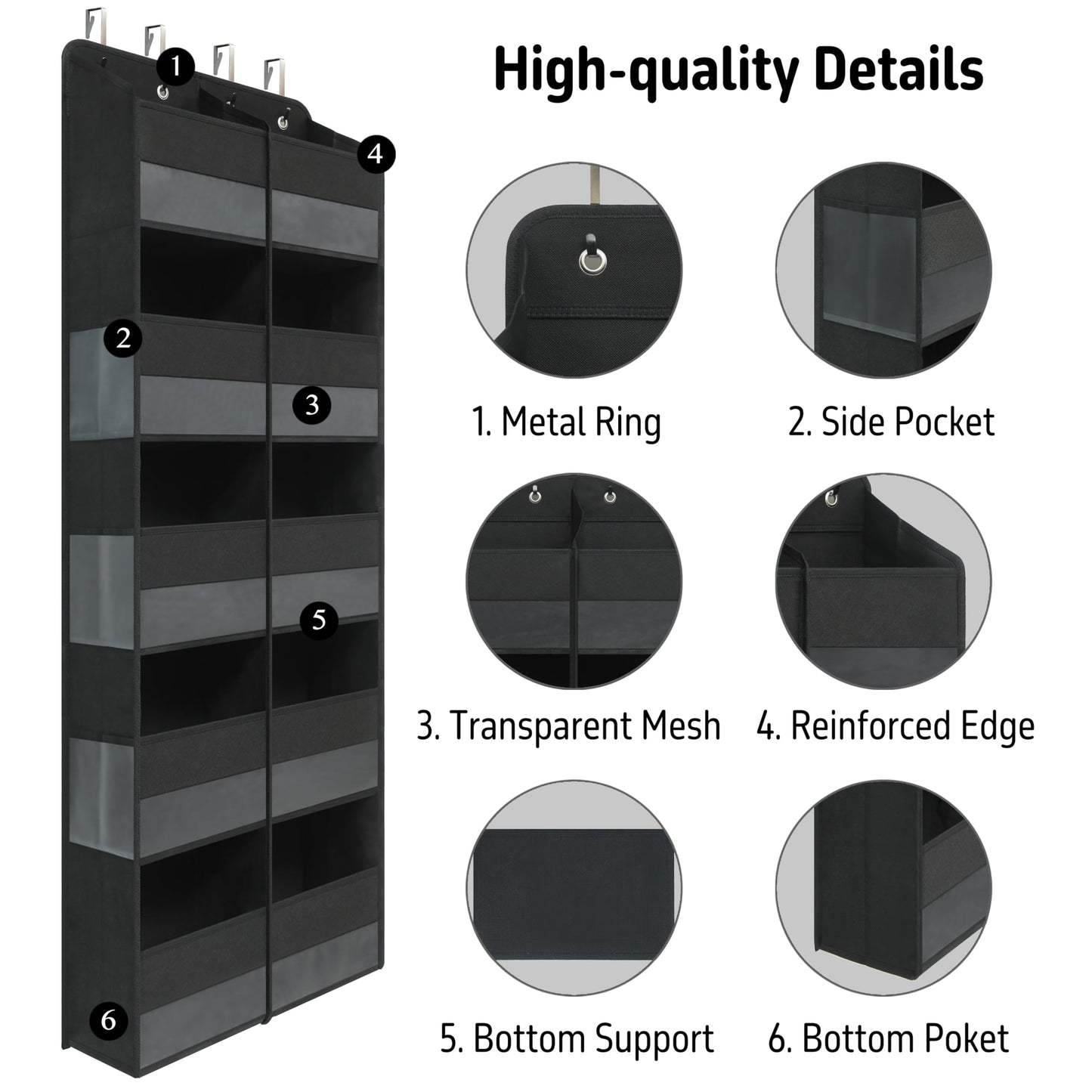 Giraffe Creation Black Over Door Organizer with 10 Large Clear Pockets, Double-Row Hanging Door Storage for Closet, Bathroom, Nursery, Bedroom, Dorm, Toys, Cosmetics, Baby Essentials