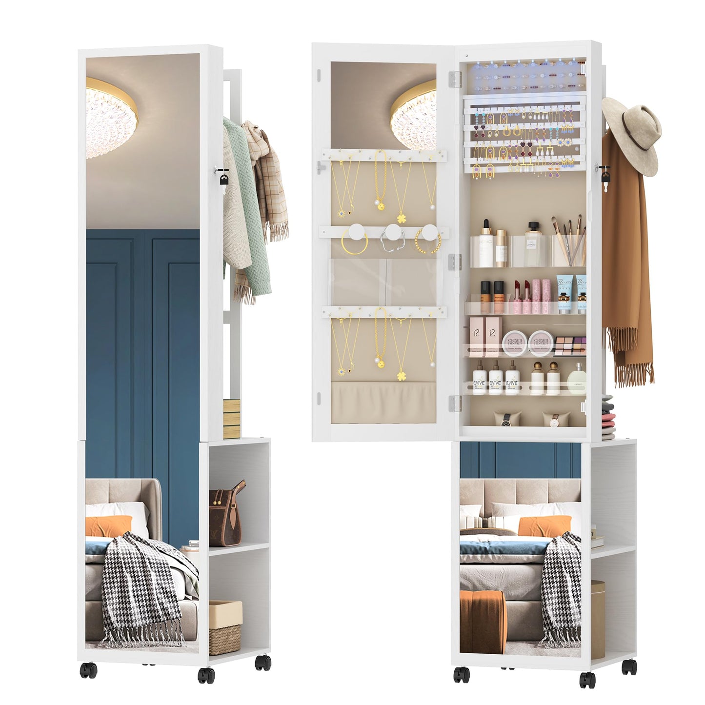 Hzuaneri 8 LEDs Jewelry Cabinet Armoire, 66.9-inch Jewelry Organizer with Garment Rack, Lockable Full-length Mirror with 4 Wheels, Storage Shelves with Hooks, 5-in-1, White and Beige JC17003BE