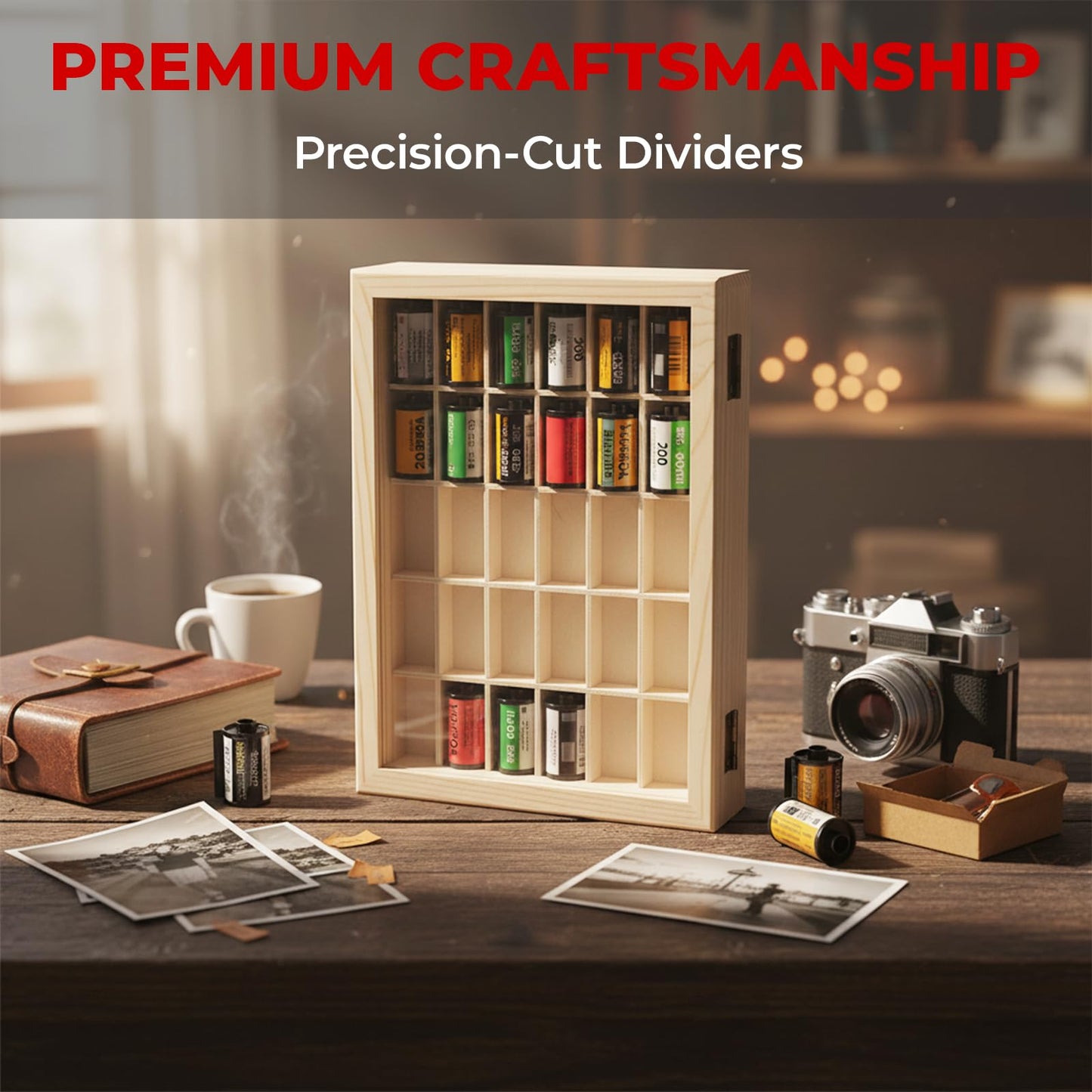 pssped 135 Film Storage Case Compatible with Kodak 135mm Film – Solid Wood Box for 30 Rolls of 35mm Film, Wooden Display & Storage Container with Transparent Lid