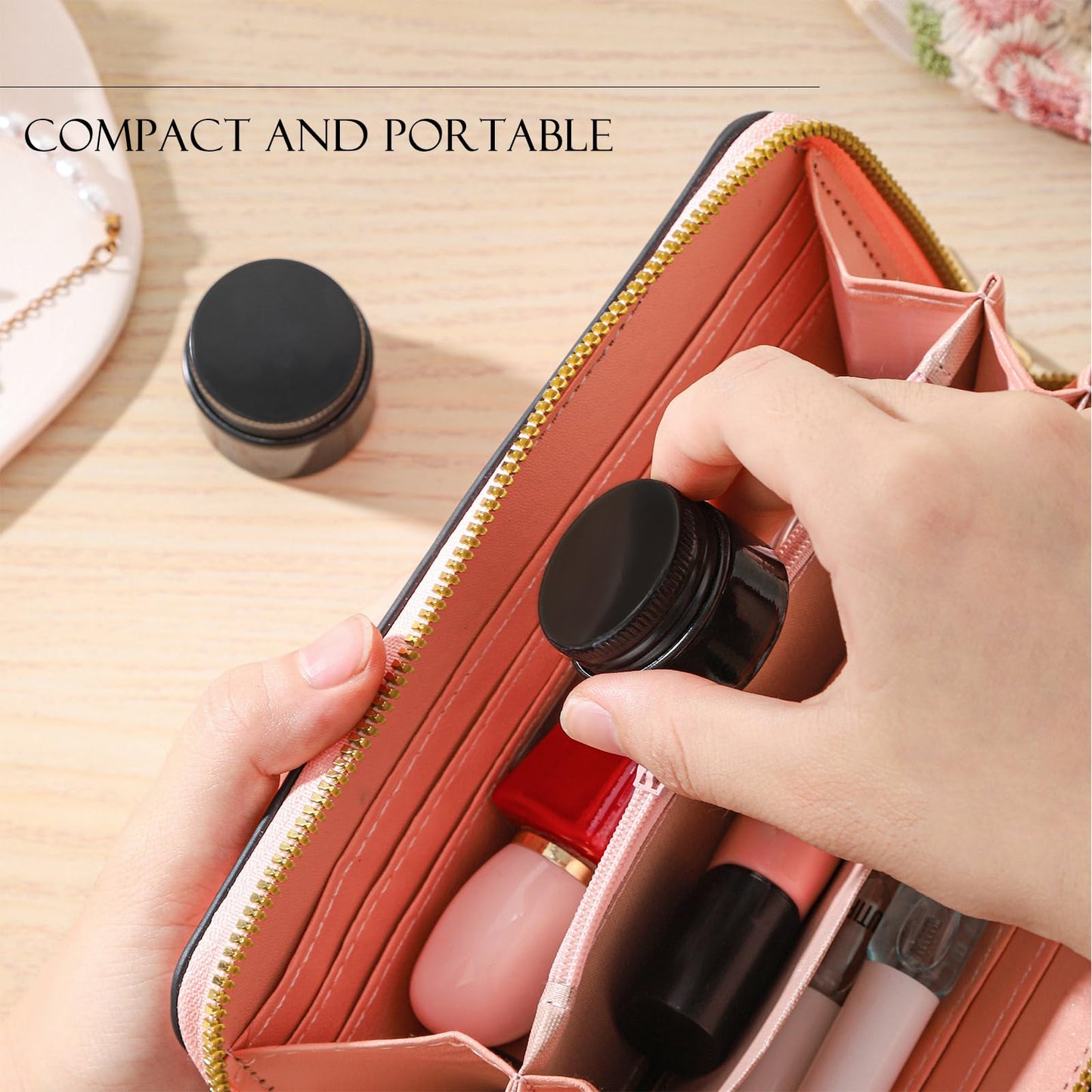 RAMFIYN 24 pack 5ml Amber Glass Cosmetic Jars with Black Metal Lids Empty Lip Balm Containers with Inner Liner Tiny Sample Jar with Label for Wax Salve Lotion