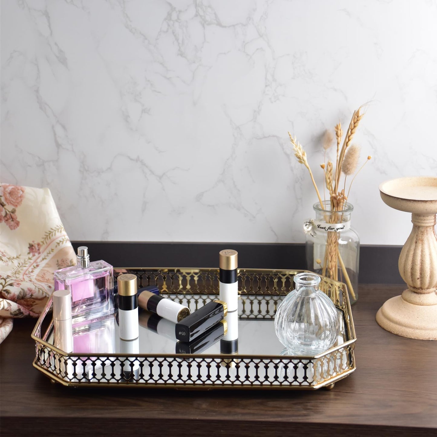 Yikinip Bar Cart Tray Glass and Gold Tray，Mirrored Tray for Cologne, Perfume and Gold Vanity Tray- Decorative Mirrored Vanity Tray with Cutout Design, Glass Base, Metal Jewelry Organizer
