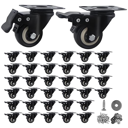 2 Inch Caster Wheels Set of 28 Heavy Duty Casters,with Brake,No Noise Locking Polyurethane (PU) Wheels, for Furniture and Workbench Load 800lbs