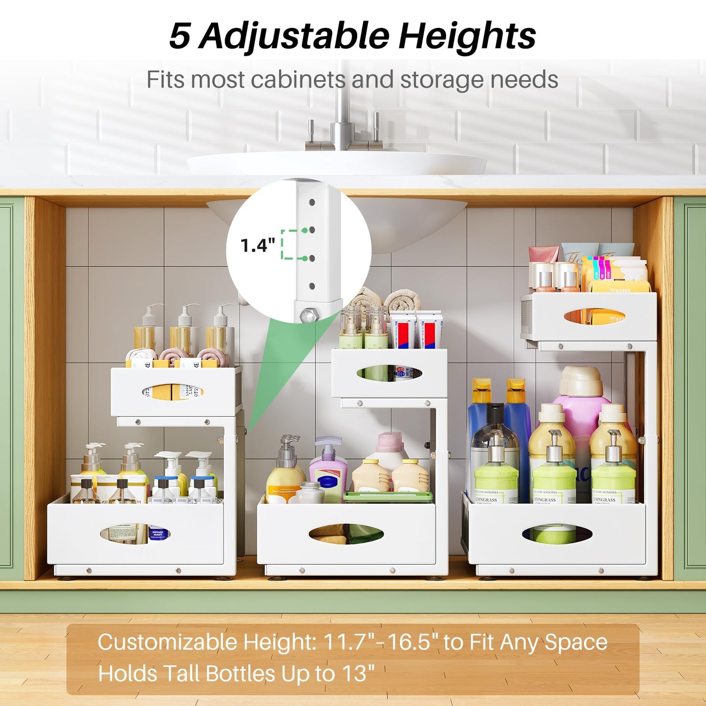 Under Sink Organizer, 2-Pack Pull Out Cabinet Organizer 2 Tier Metal Slide Out Storage Shelf Rack, L-Shaped Adjustable Height,Mesh Sliding Drawer for Kitchen, Bathroom, Laundry, Pantry, White, XL