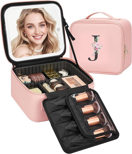 Relavel Initial Makeup Bag with LED Mirror for Women Girls, Personalized Travel Cosmetic Organizer Train Case, Birthday Gifts for Grandkids Bridesmaid Graduation Teacher Friends, Trendy Stuff, Pink J