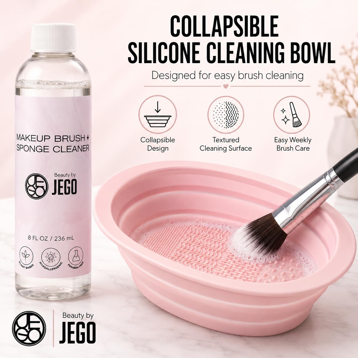 JEGO Makeup Brush Cleaner Solution - Sponge Cleaner - Make Up Brush Liquid Cleanser - Hypoallergenic & Plant-Based Solution Removes Makeup, Dirt, & Oil - 8 Oz (1 Bottle + Bowl)