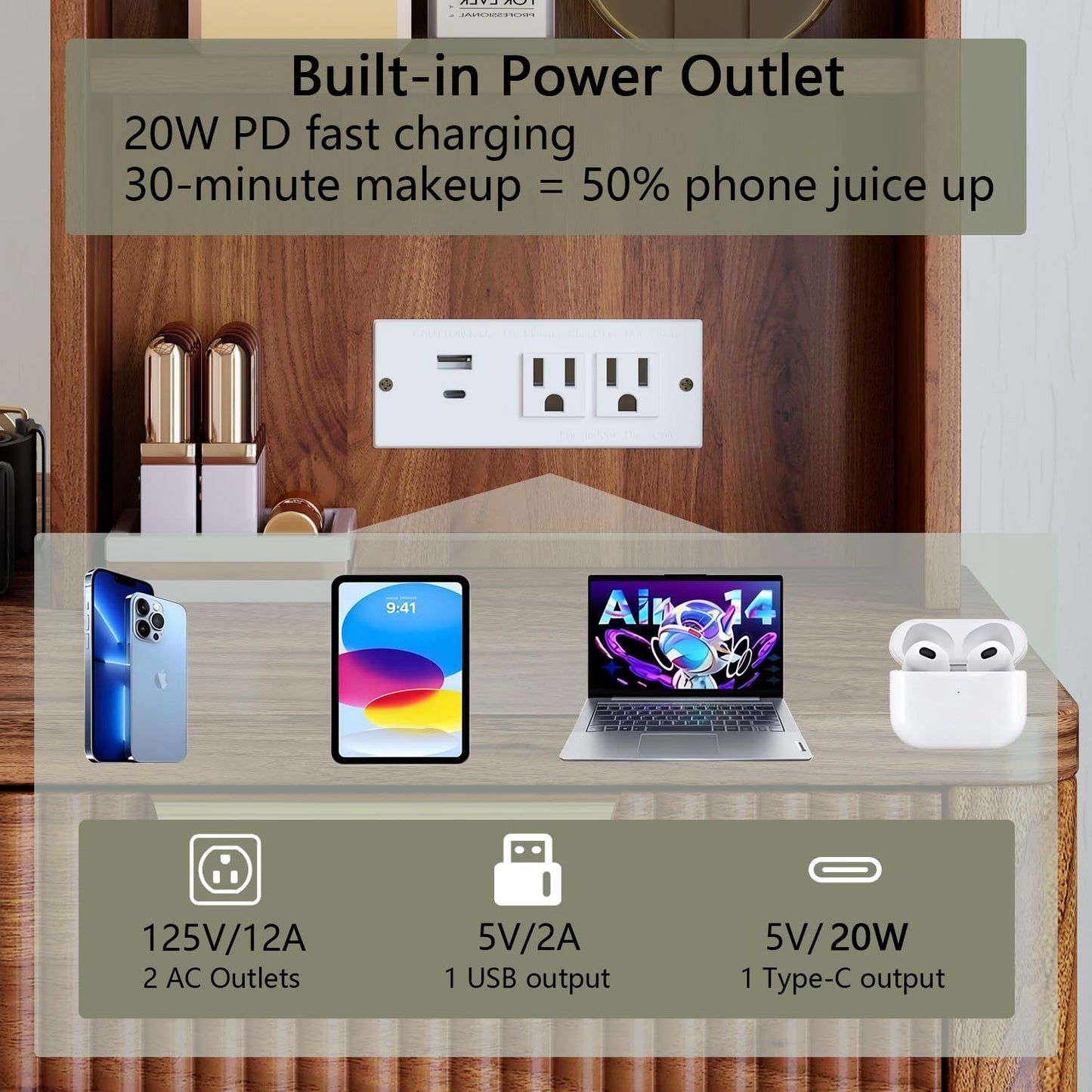 51" Large Vanity,Modern Fluted Makeup Vanity Desk with Mirror and Lights, Glass Top Vanity with 3 Drawers and 2 Cabinets&Charging Station,Dressing Table for women and girls’ bedrooms. Walnut
