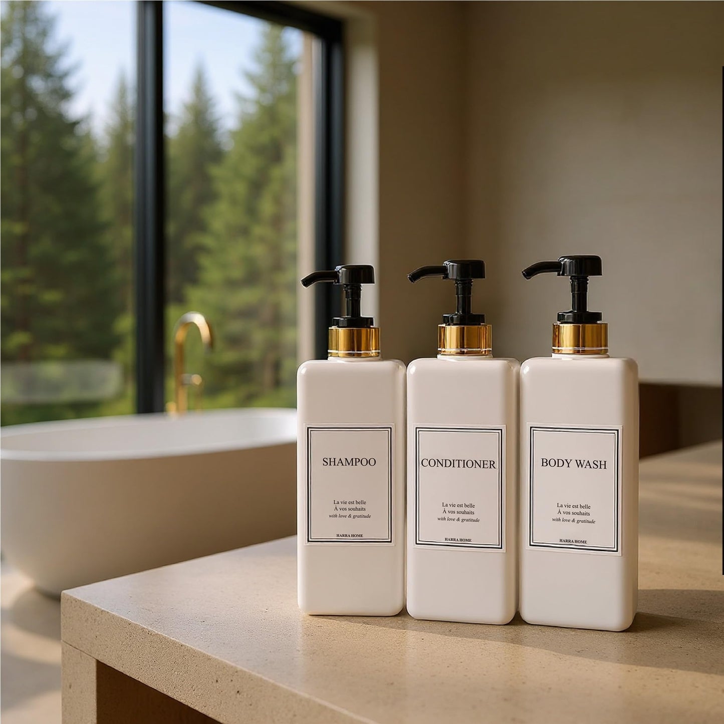 Modern Gold Design Shampoo and Conditioner Dispenser - Large 27oz Shower Soap Dispenser, Set of 3 Refillable Empty Plastic Pump Bottles for Bathroom and Body Wash (6 Waterproof Labels Included), Black