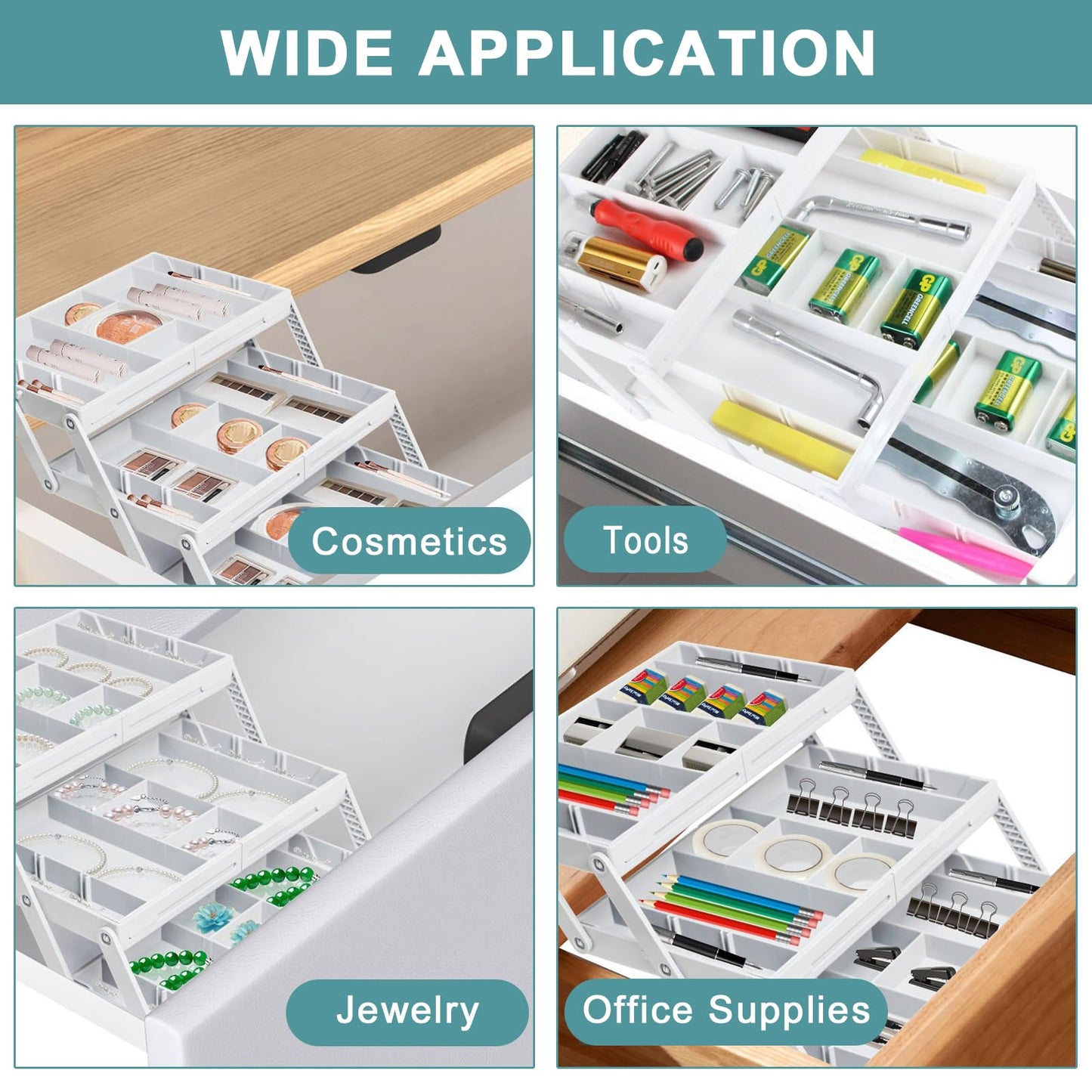 Aobiono Multi Level Smart Drawer Organizer, Multi Tier Expandable Storage Collapsible Foldable Trays for Jewelry, Cosmetics, Makeup, Tools, Battery (White, Single Row - 2 Levels)