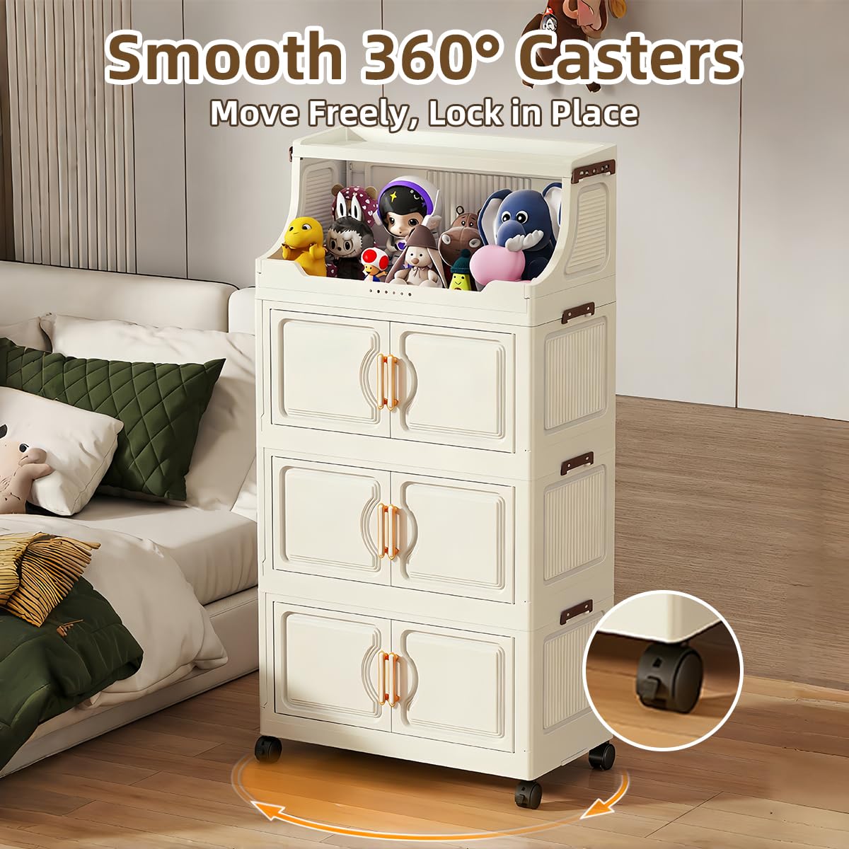 217QT Stackable Storage Bins with Lids & Rack, 5 Tier Large Capacity Foldable Storage Cabinet, Clear Collapsible Pantry Organizer for Home, Kitchen, Bathroom, Dorm, Office, White