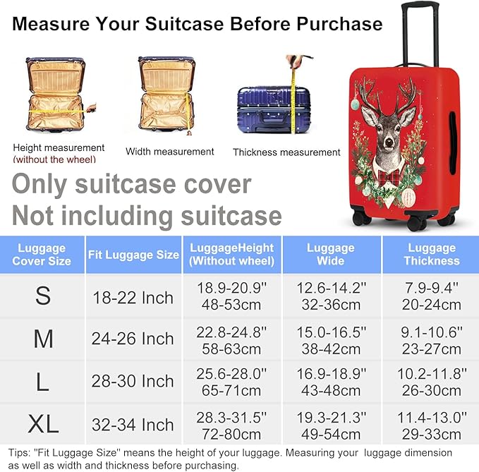Reindeer Christmas Luggage Cover - Red Background with Wreath and Ornaments, Elegant Holiday Suitcase Protector for 18 20 22 Inch Travel