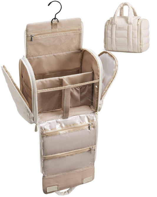 BAGSMART Toiletry Bag for Women with Hanging Hook, Puffy Water-resistant Makeup Cosmetic Bag for Accessories, Shampoo, Full-size Container, Toiletries, Beige