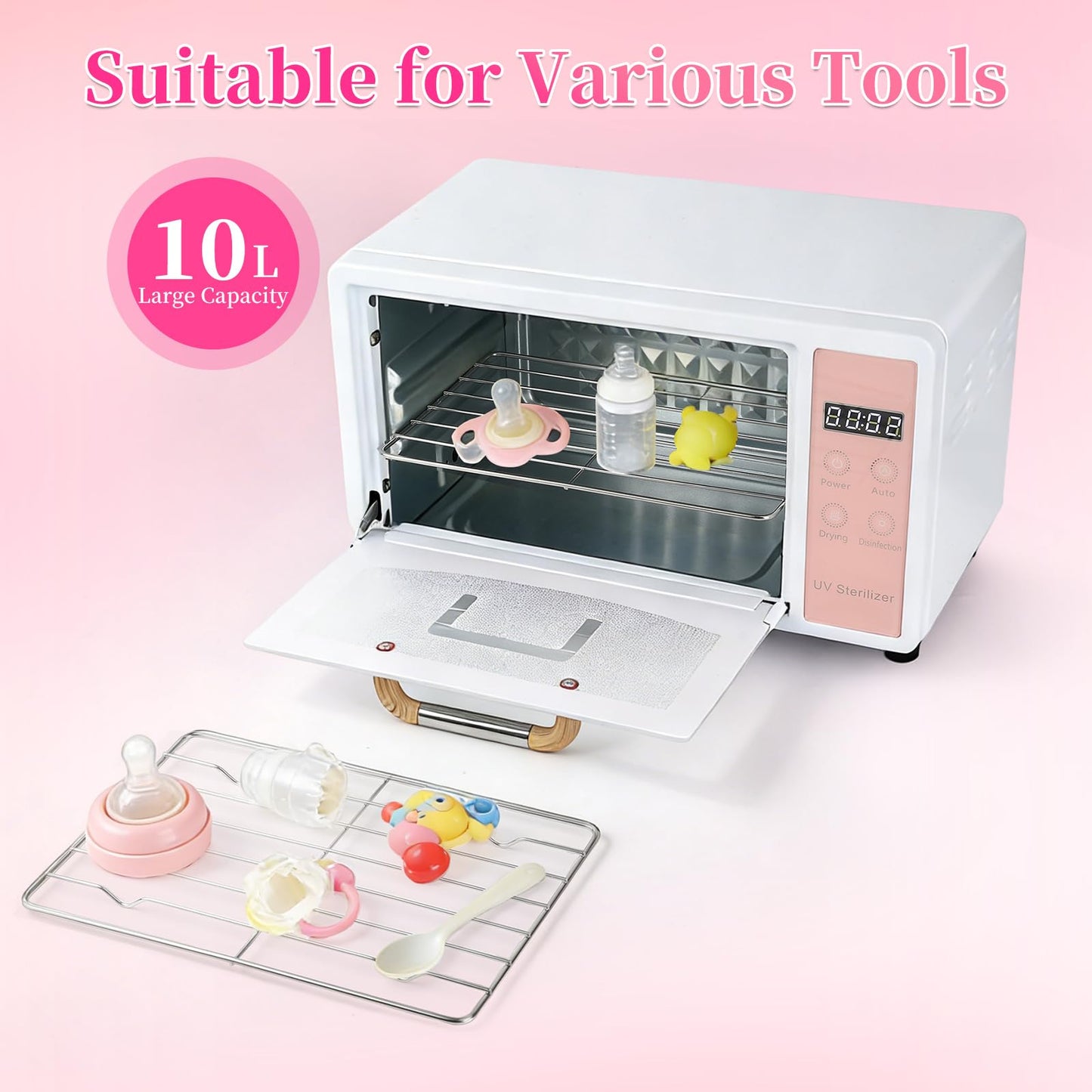 heemeei Nail Tool Sterilizer, 10L Double-layer Large Sterilizer for Nail Tools, Multi-Functional Manicure Tool Cleaner Cabinet with Timer Setting for Home Use, Barbers, Beauty Salons, and Spas(Pink)