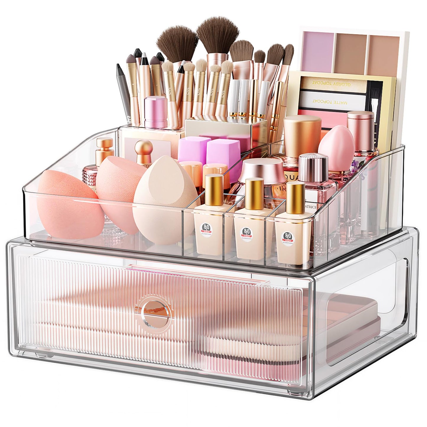 HOMETUK 2 Tier Clear Makeup Organizer with Drawer, PET Cosmetic Storage for Dresser, Countertop & Bathroom Vanity, Holders for Lipstick, Brushes, Skincare & Beauty Supplies