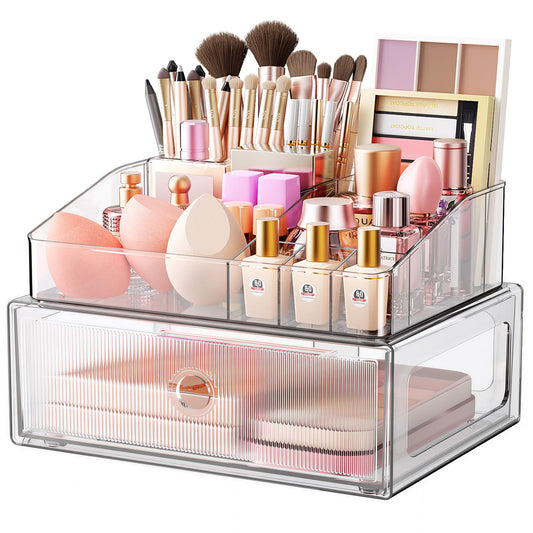 HOMETUK 2 Tier Clear Makeup Organizer with Drawer, PET Cosmetic Storage for Dresser, Countertop & Bathroom Vanity, Holders for Lipstick, Brushes, Skincare & Beauty Supplies