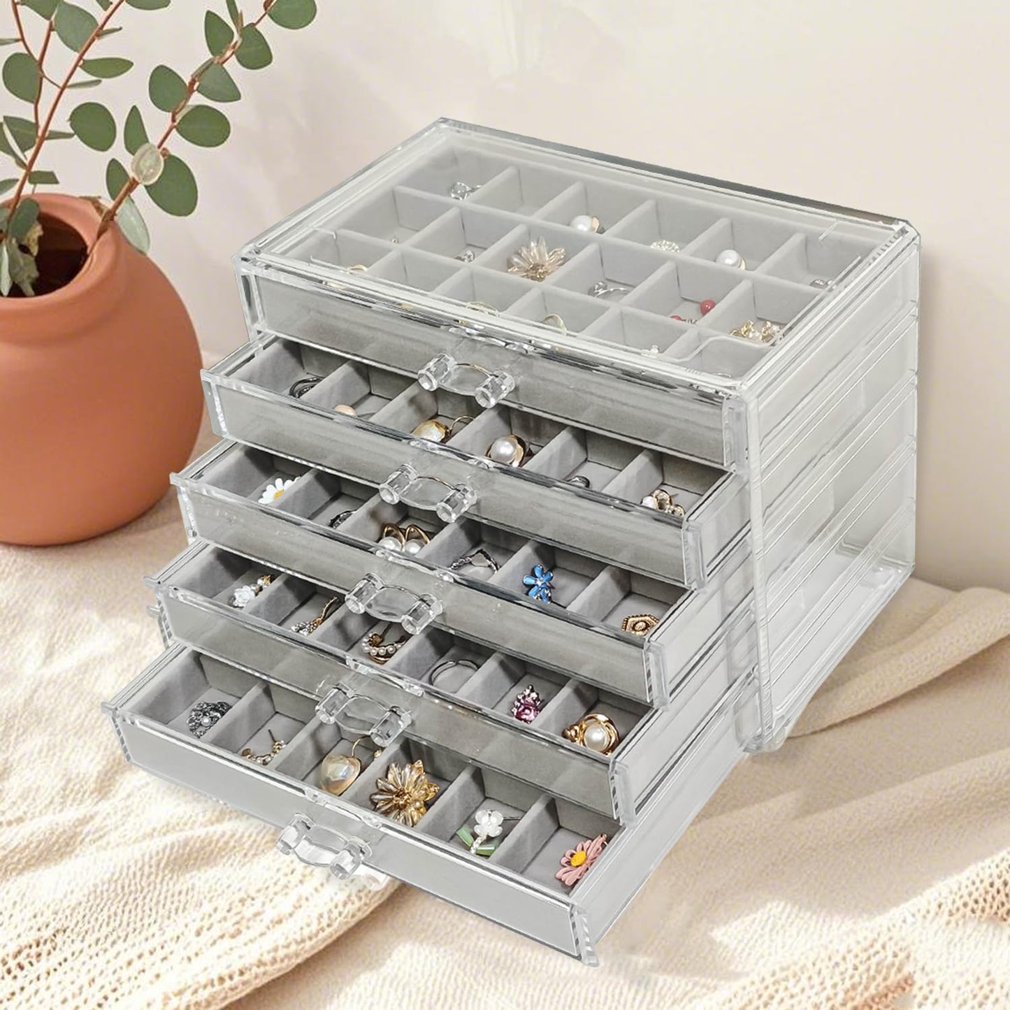 HOUKANWE Acrylic Earring Holder Organizer with 5 Drawers Clear Earring Organizer Box with 90 Adjustable Grids Velvet Earring Display Case Jewelry Organizer for Earrings Rings Studs (Grey)