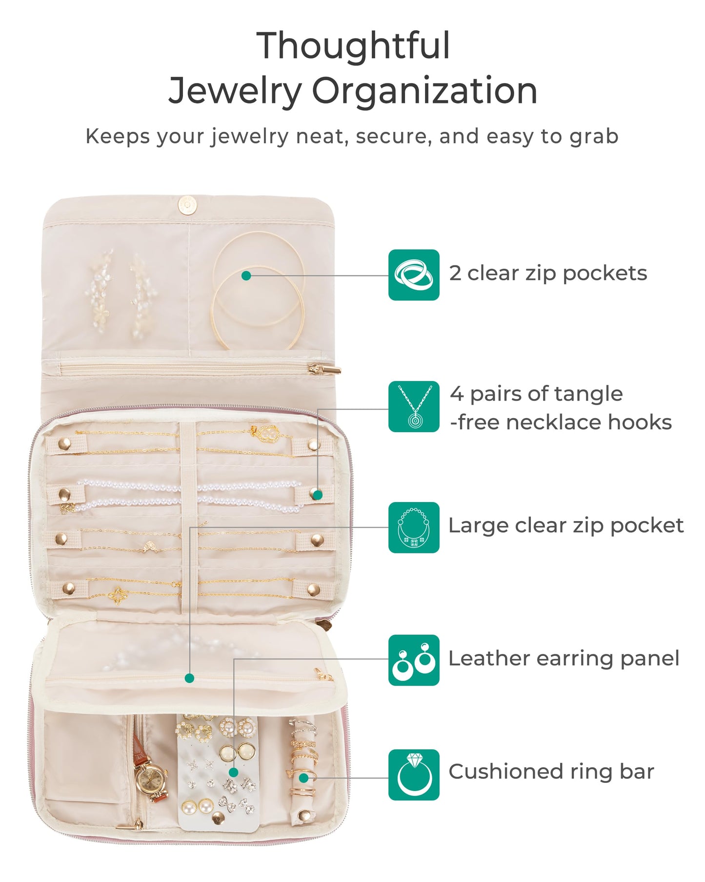 Marscamd Travel Jewelry Organizer Case for Women, Foldable Jewelry Bag for Earrings, Rings, Necklaces, Bracelets, Brooches, Pink