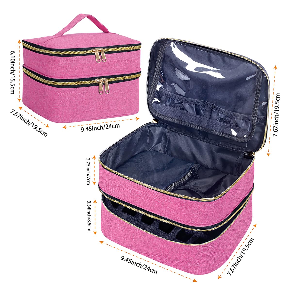YAHOURWAT Nail Polish Organizer Bag Double Layer Capacity Portable Travel Storage Case Holds 30 Bottles (15 ml/0.51 floz) Nail Supplies Holder Bag Designed for Nail Tools Rose Red