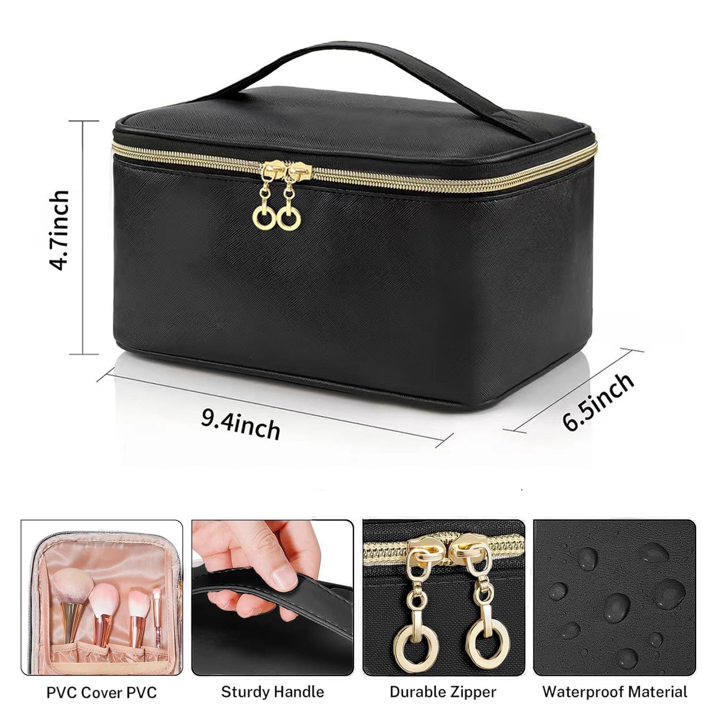 GLONCHX Makeup Bag, Portable Cosmetic Bag, Large Capacity Travel Makeup Case Organizer for Women and Girls, Train Case Makeup Bag for Toiletries for Traveling with Handle and Divider (Black)
