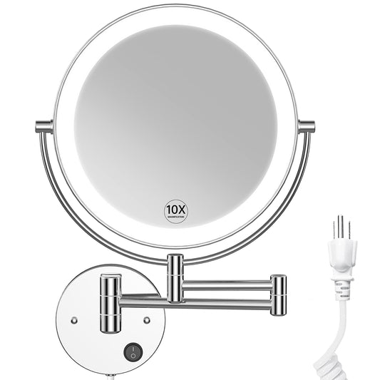 Benbilry 9" Large Size Wall Mounted Lighted Makeup Vanity Mirror, 1X/10X Magnifying 2-Sided AC Plug-in Powered Bathroom Mirror, 360° Swivel 13 Inch Extendable Arm, Chrome