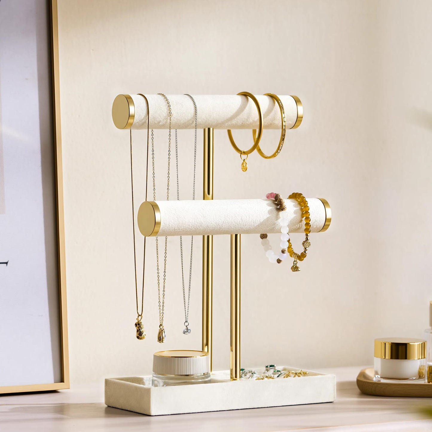 bussdis 2 Tier Bracelet Holder Display - Detachable T Bar Beige Velvet Bracelet Holder, Jewelry Holder Organizer for Bracelet, Necklace, Earrings, Rings